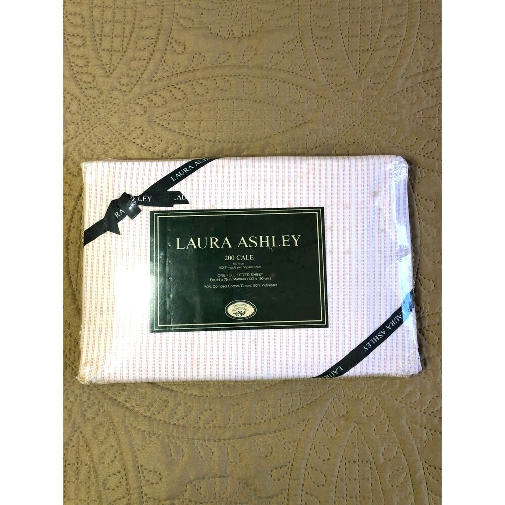 Vtg80s Laura Ashley Pink Ticking Stripe Full Fitted Sheet 200 Cale New USA 54x75